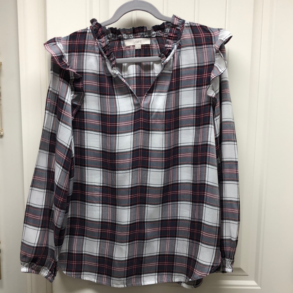 LOFT Ruffle Checkered Long Sleeve Blouse